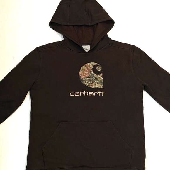 Carhartt Hoodie Camo Logo Pullover Brown Boys Youth Size Large 14-16 Used Stain - Picture 2 of 12